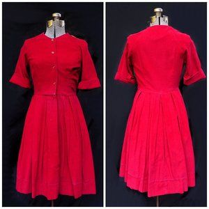 Vintage 50's 60's Ruby Red Pleated Fine Wale Corduroy Fit Flare Day Dress XS/S